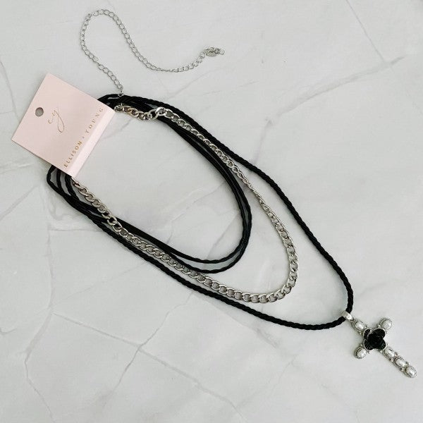Layered Black Rose Cross Necklace