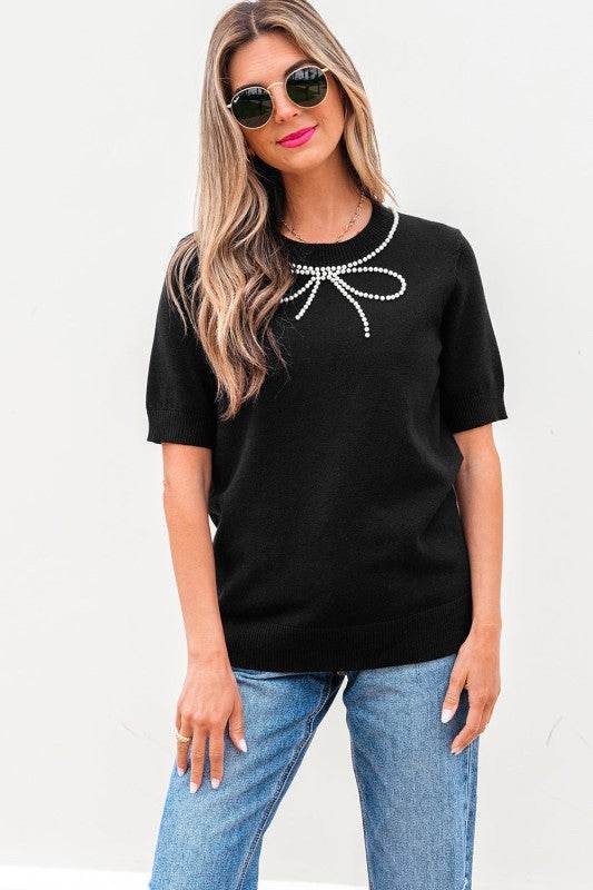 Bria Pearl Bow Short Sleeve Knitted Top