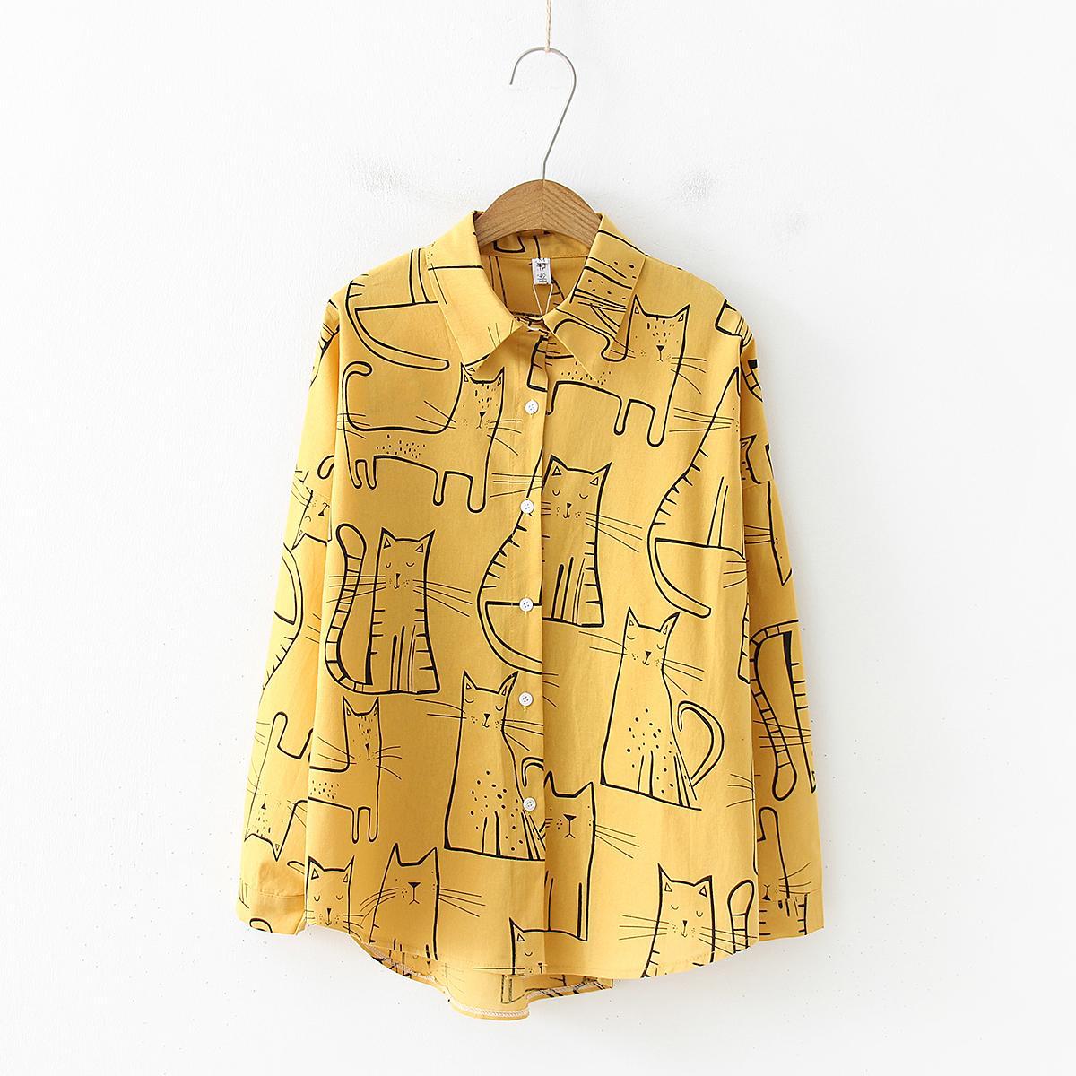 Retro Hong Kong Chic Cat Pattern Early Autumn Blouse Women Long Sleeve Loose Korean Student All Matching Printed Shirt