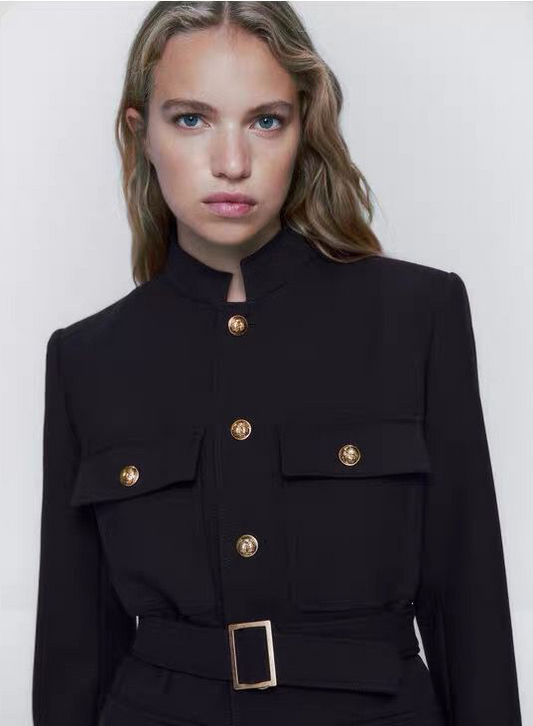 Fall Women Clothing with Belt Button Decoration Slim Fit Figure Flattering Blazer