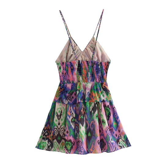 Summer Women Clothing Sling Laminated Decoration Printed Underwear Dress Short Dress