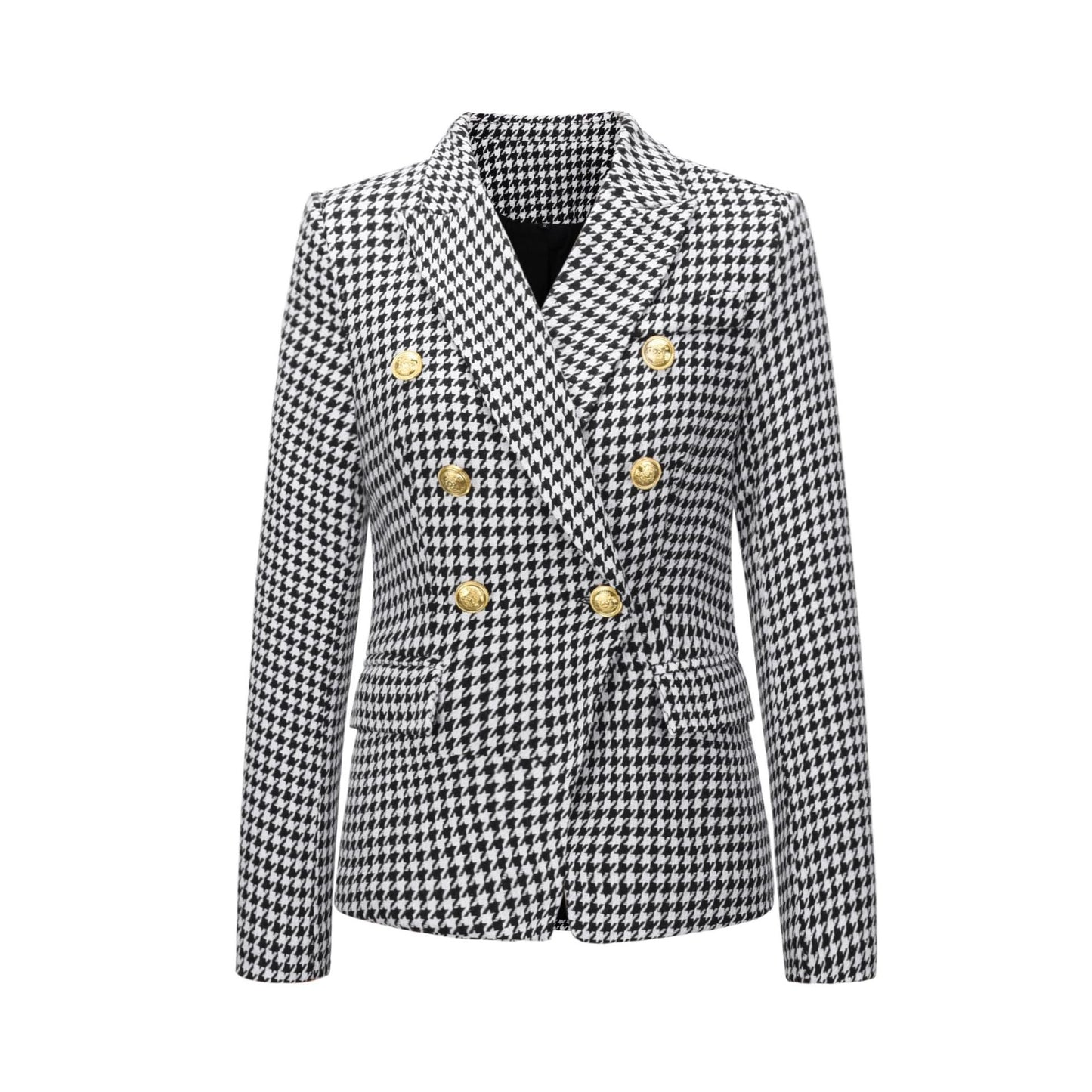 New Women Clothes Coat Autumn Winter Small Houndstooth Fashion Short Double Breasted Coat Blazer