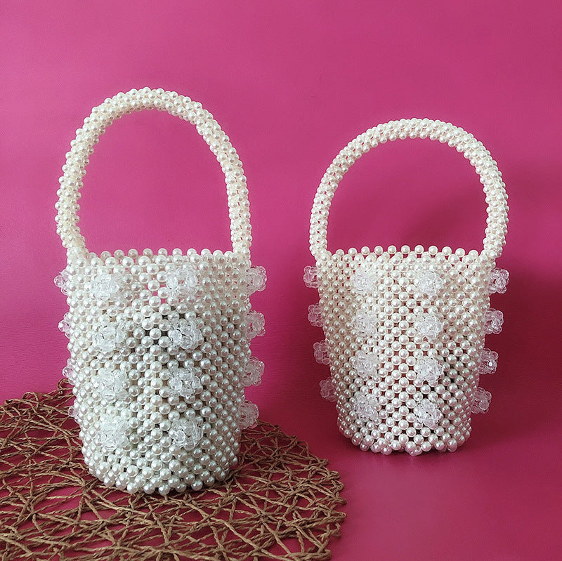 Transparent Bucket Bag Hand Imitation Pearl Clutch Hollow Out Cutout Women Beaded Bag
