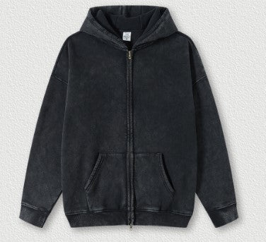 Autumn Winter Brand Washed Sweatshirt Hooded Cardigan Vintage Fleece-Lined Red Sweatshirt