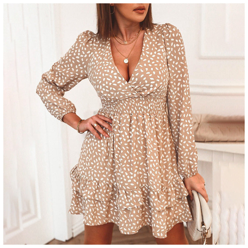 Autumn Winter Sexy V neck Long Sleeve Printing Princess Sleeves Dress