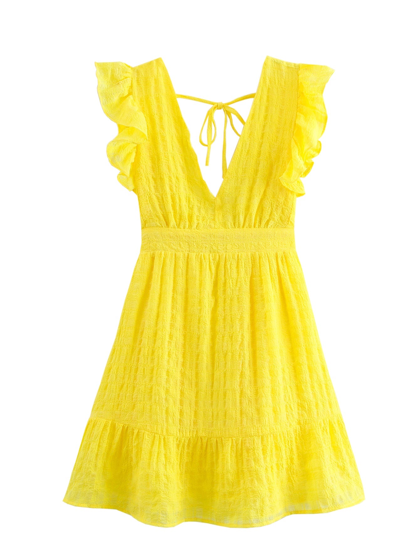 Women Waist Slimming V Neckline Ruffled Sleeveless Dress