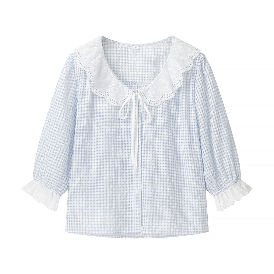 Lace Collar Bow Tie Puff Sleeve Shirt Wome Loose Plaid Short Sleeve Top