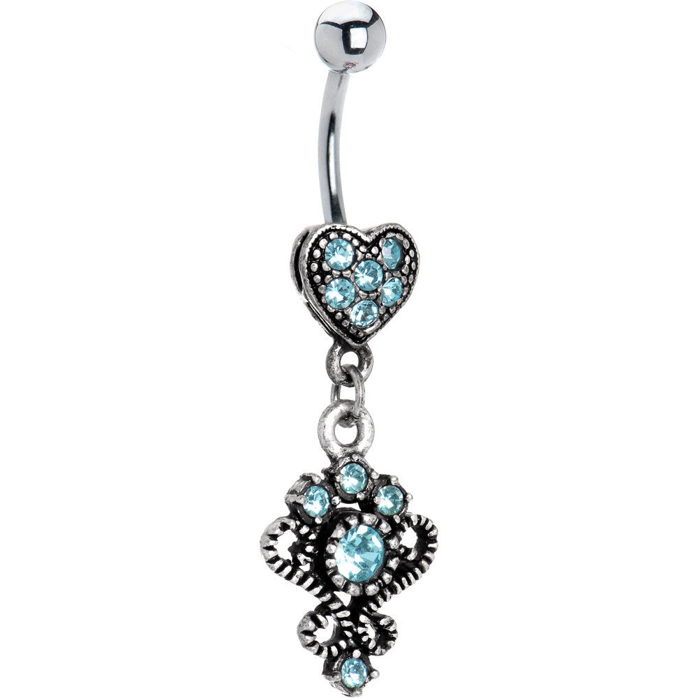 Antique Silver Victorian Heart Solar Blue Gem Dangle Belly Ring