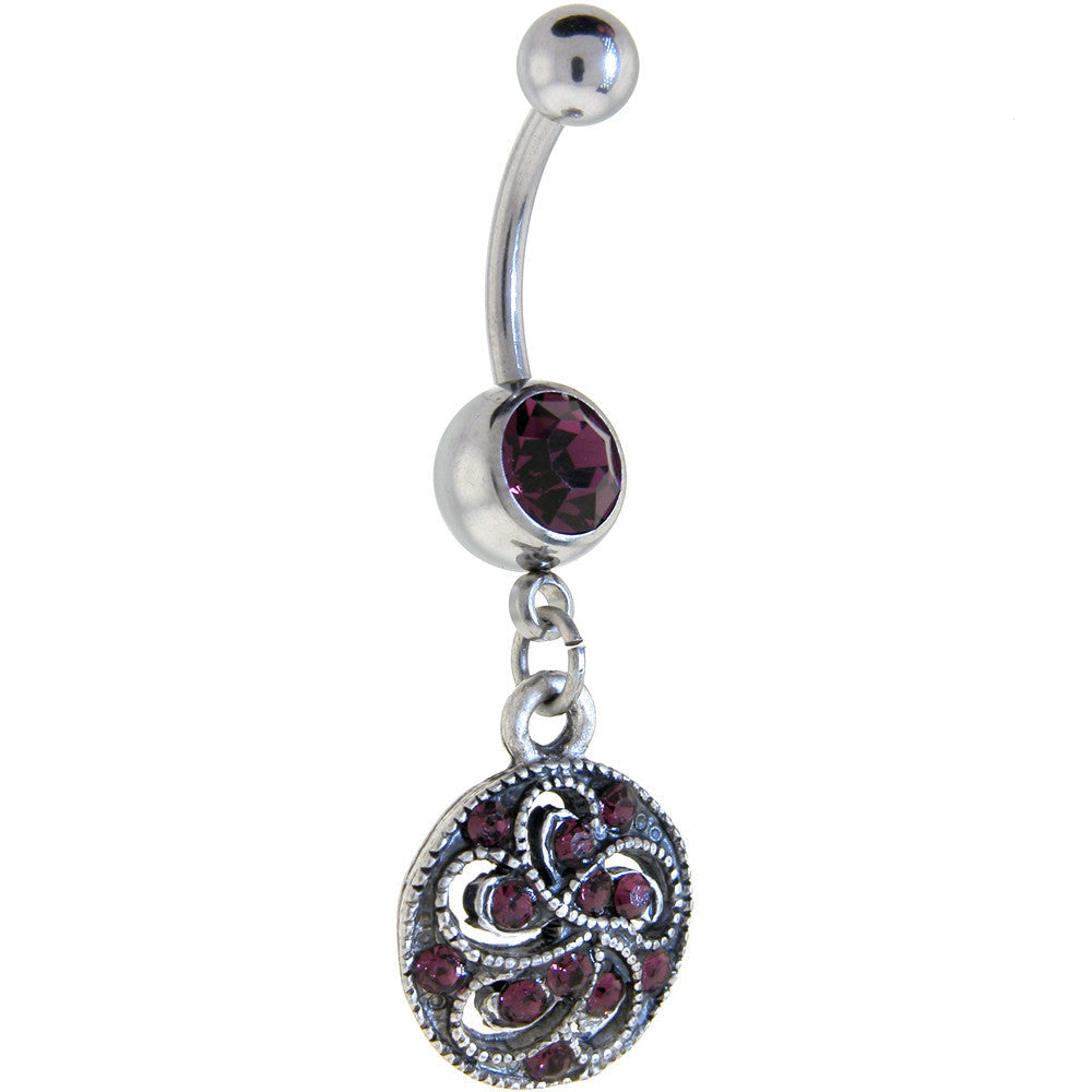 Antique Silver Fantasy Violet Gem Dangle Belly Ring