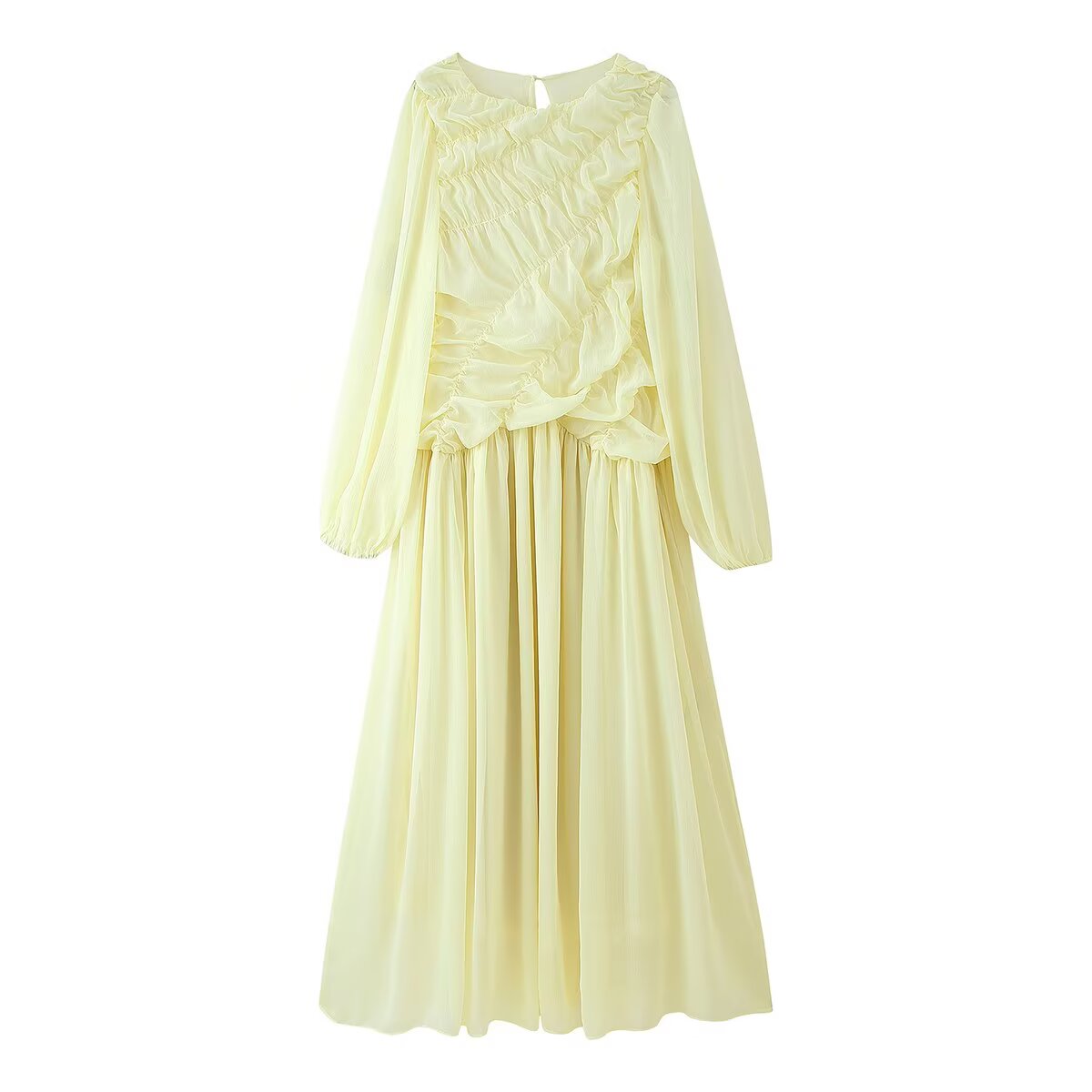 Summer Women Clothing Pleated round Neck Slimming Long Sleeves Women Maxi Dress