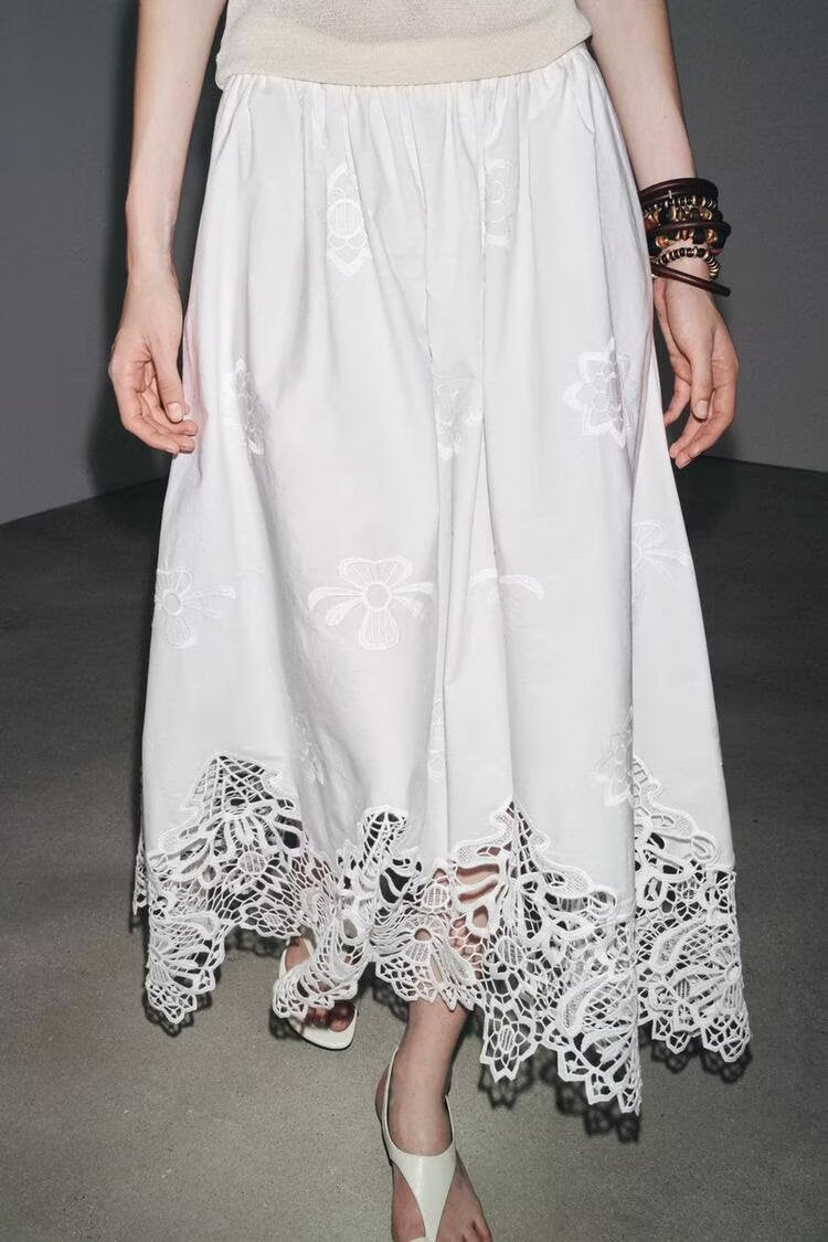 Summer High Waist Slimming Mid Length A line Embroidered Skirt