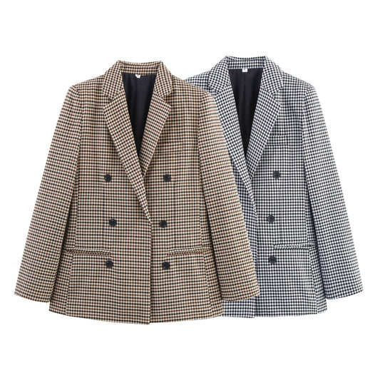 Women Autumn Plaid Double Breasted Coat Personalized Blazers