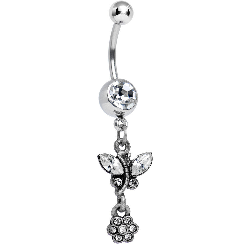 Antique Silver Floral Ivy Crystalline Gem Dangle Belly Ring