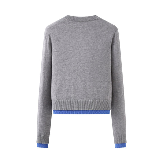 Autumn Placket Color Contrast Patchwork round Neck Long Sleeve Knitted Coat