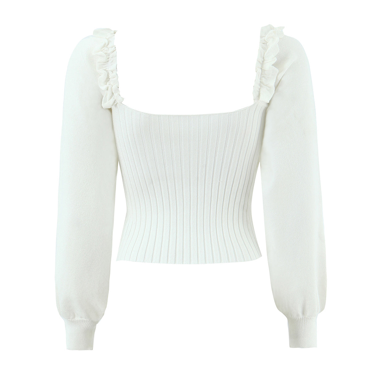 Winter French Vintage Court Ruffled Square Cut Collar Lace up Rib Sweater