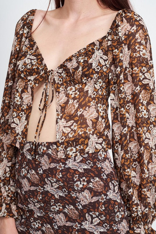 FLORAL SHEER TOP WITH FRONT TIE