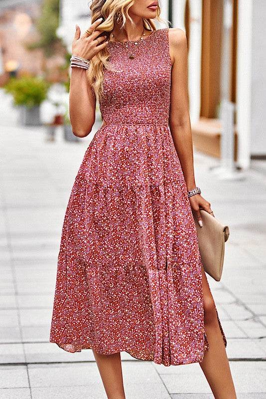Smocked tiered midi dress