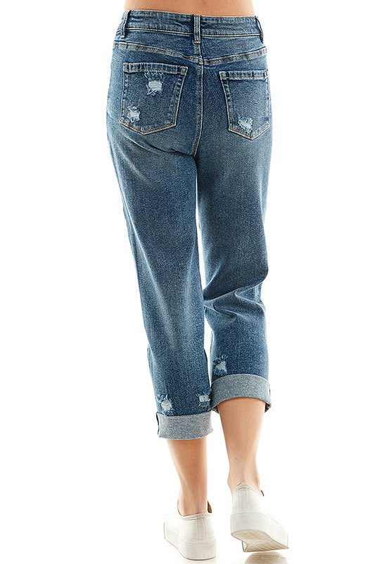 ROOL-UP DISTRESSED HIGH RISE STRETCH MOM JEANS