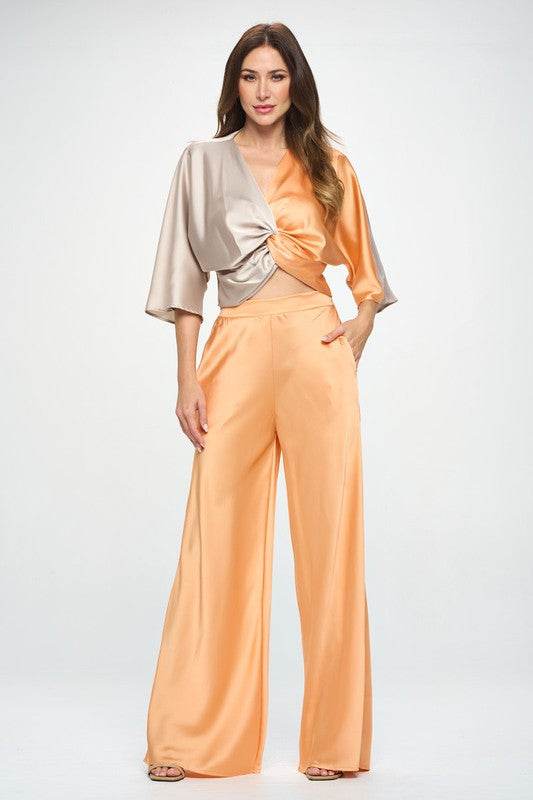Stretch Satin Pants w/ Elastic Waist and Pockets