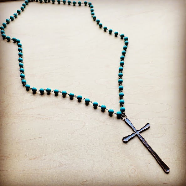 Turq Beaded with Antique Copper Cross 255r