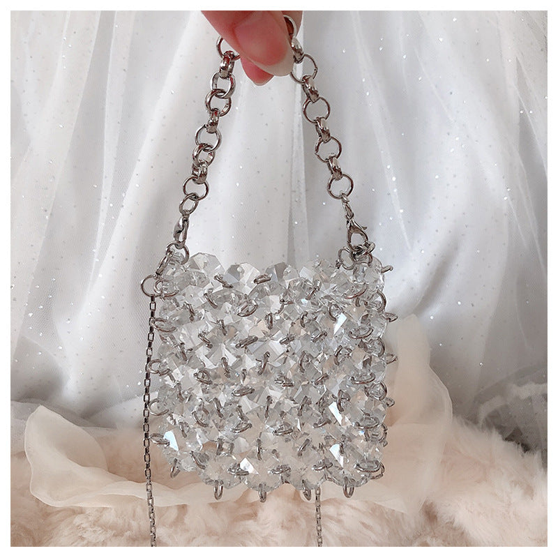 Hand Woven Beaded Bag Acrylic Small Square Bag Women Mini Shoulder Crossbody Chain Bag Lightweight