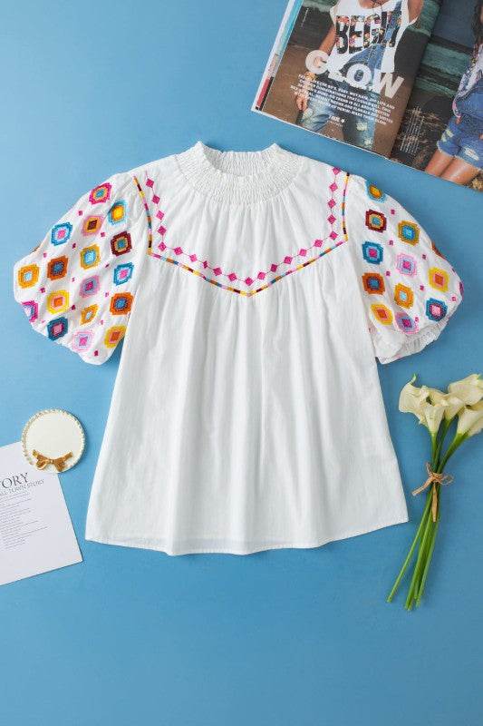 Khaleesi Embroidered Smocked Neck Puff Sleeve Top