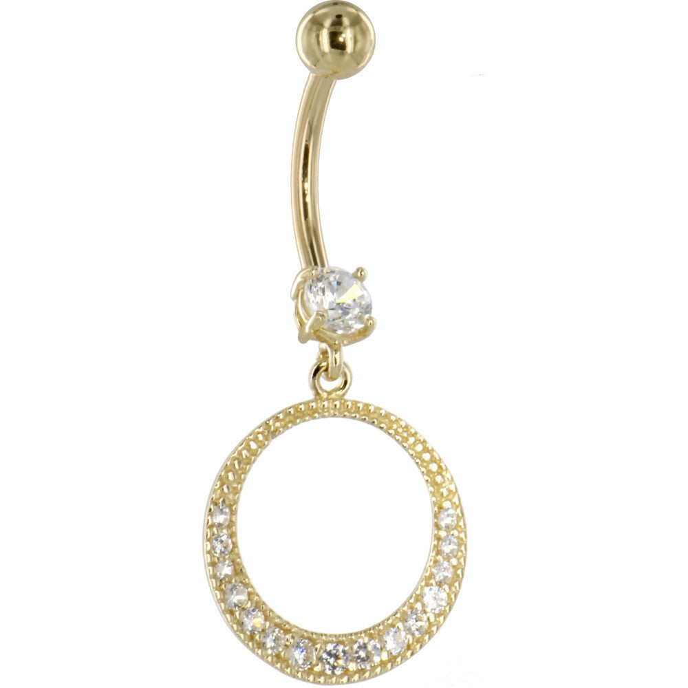 16G Solid 14K Yellow Gold Cubic Zirconia EXOTIC CIRCULAR Dangle Belly Ring
