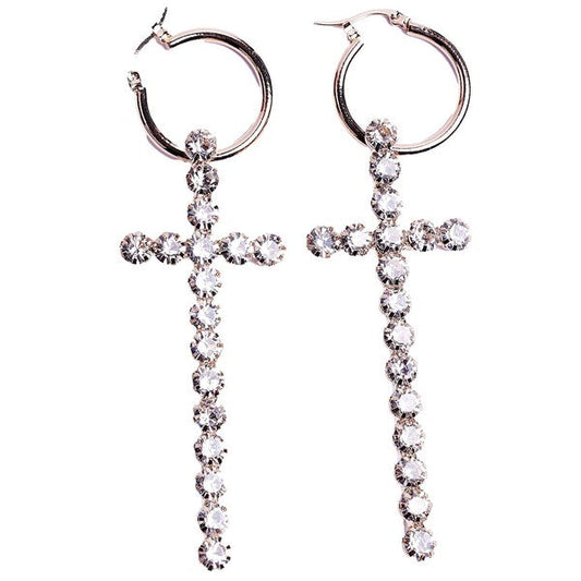 Big Cross Rhinestone Mini Hoop Earrings
