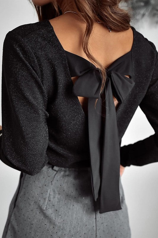 Women Metallic Bowknot Open Back V Neck Top Shirt