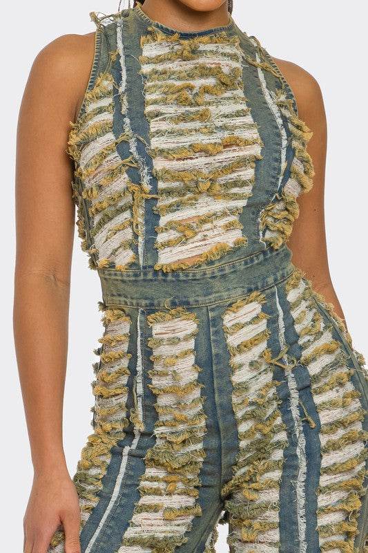 Raw Edge Frayed Denim Jumpsuit