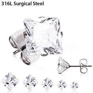 Pair of 316L Surgical Steel Clear Princess Cut CZ