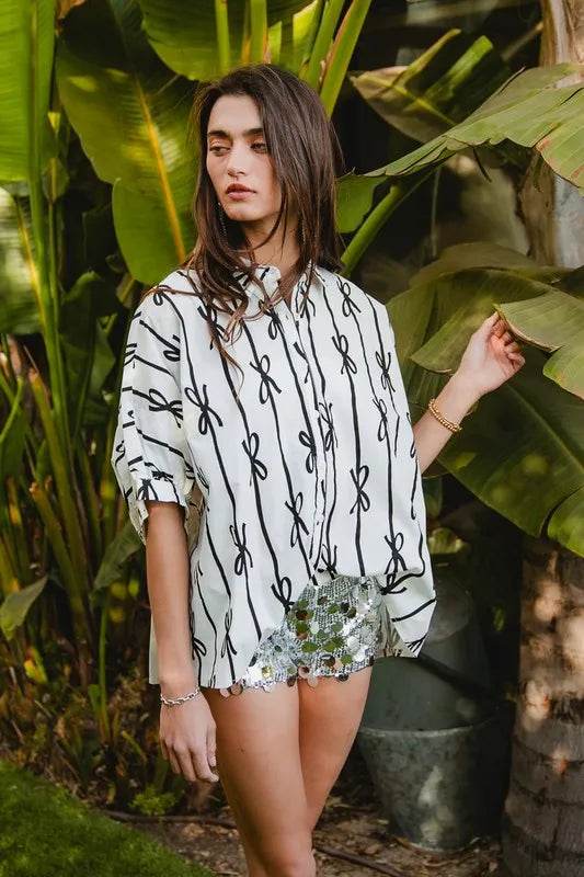 BiBi Bow Ribbon Woven Printed Button Down Shirt