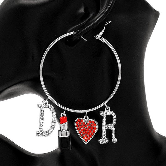 Lipstick and Heart Dangling Hoop Earrings