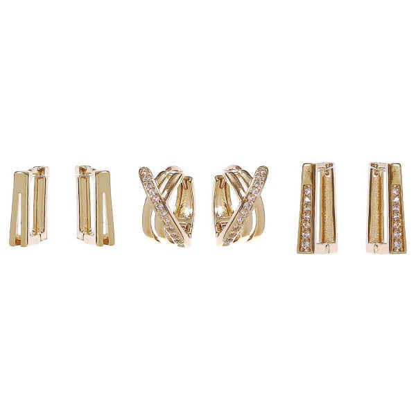 3 Pair U Bar X Circle Mini Hoop Stud Earrings