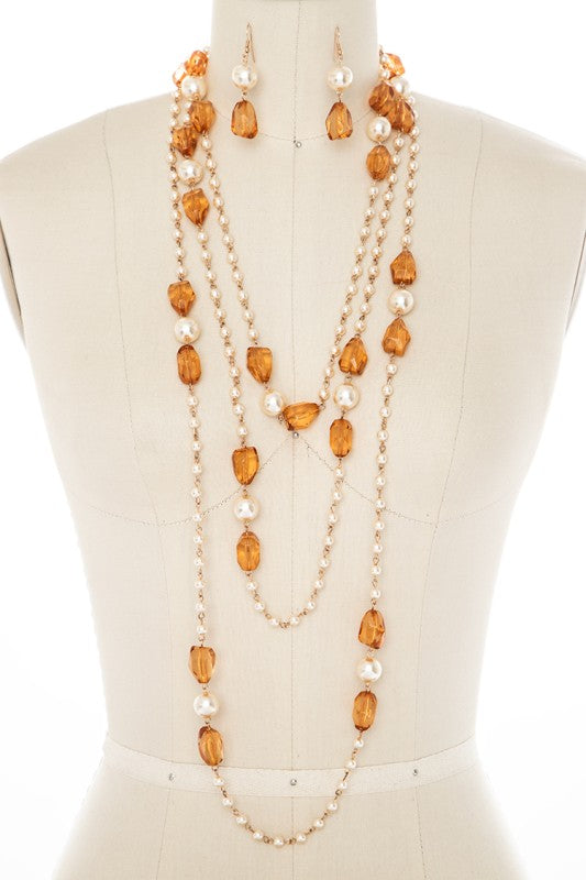 Resin Stone Pearl Extra Long Necklace Set