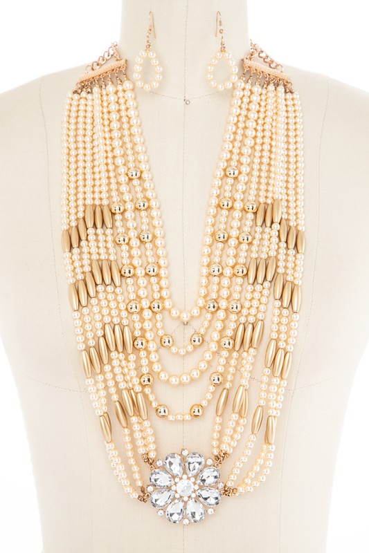 Mix Bead Pearl with Crystal Flower Necklace