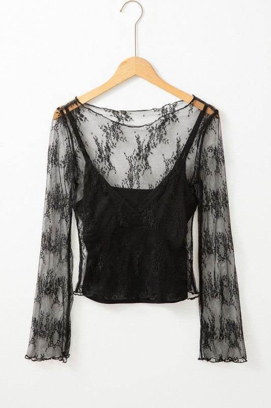 Lace Mesh Crochet Splicing Slim Long Sleeve Blouse