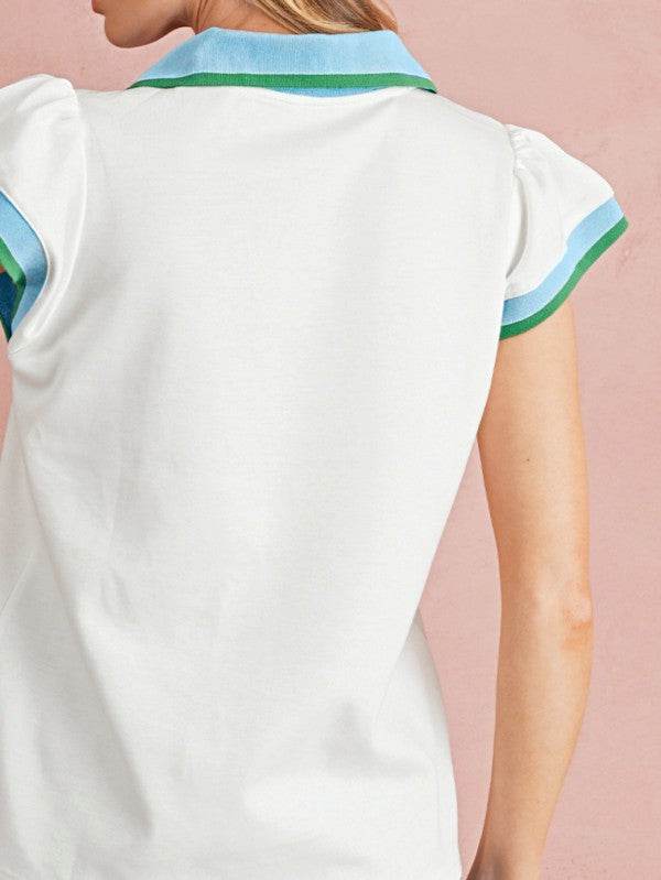 Viscose Collared V Neck Ruffle Sleeve Blouse