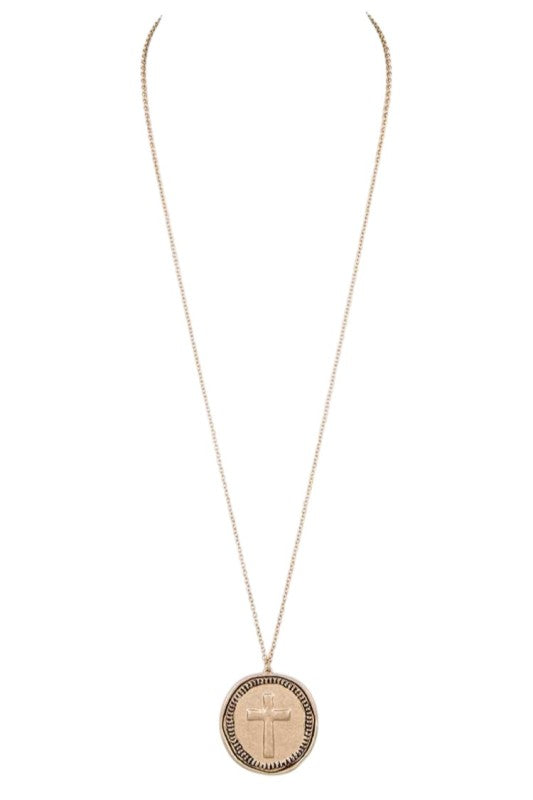 Embossed Cross Pendant Long Necklace