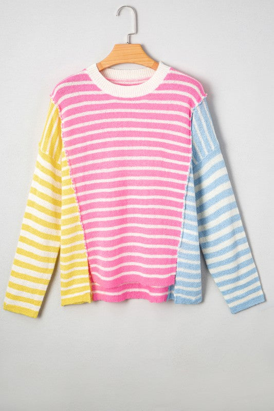 Colorblock Striped Patchwork Dolman Slit Sweater