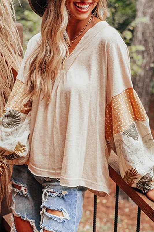 Women Puff Sleeve Patchwork V Neck Sweatshirts