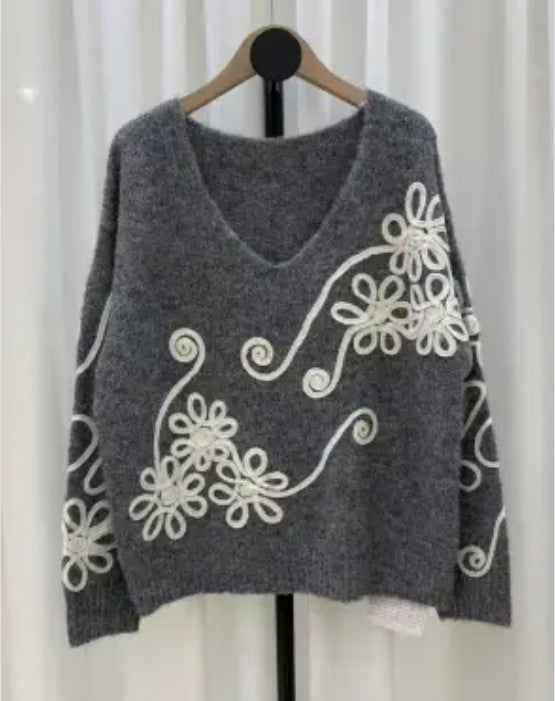 Floral Swirl Embroidered Knit Sweater