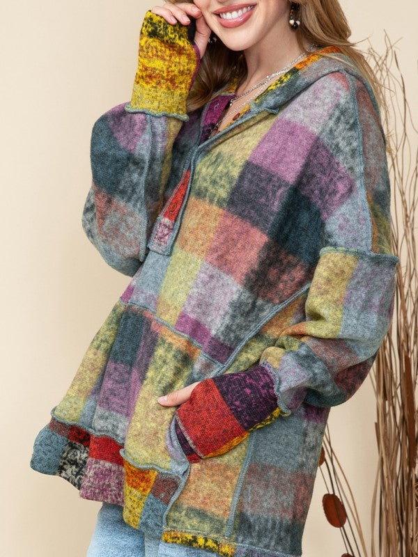 Brushed Check Pocket Thumbholes Henley Hoodie