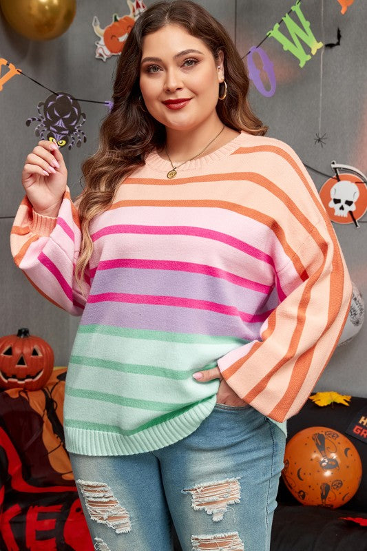 Strip Balloon Sleeve Crewneck Plus Size Sweater
