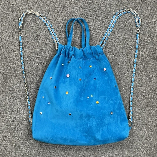 Women's bag matte suede backpack purse, splicing colored gemstone chain backpack, drawstring portable backpack