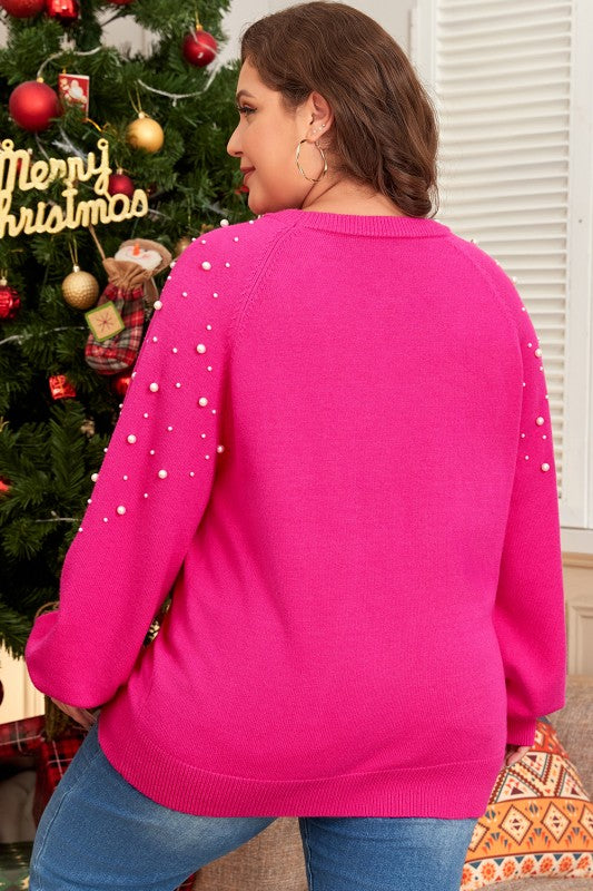 Pink Pearled Decor Raglan Sleeve Plus Size Sweater