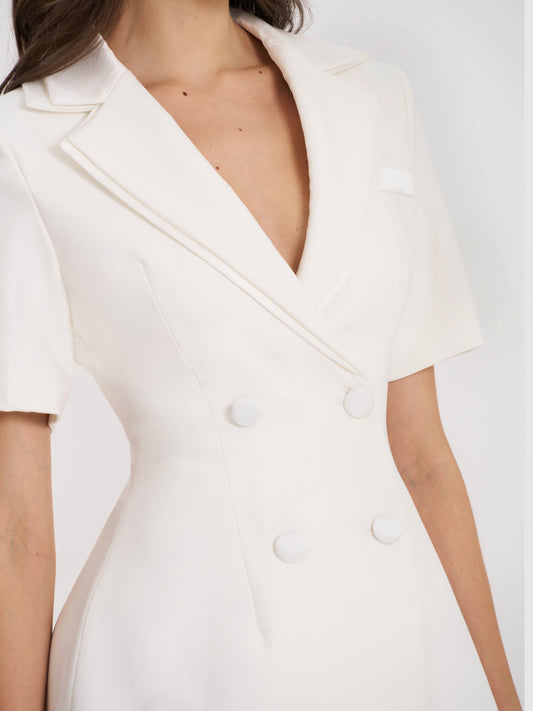Madelina White Double Breast Satin Trim Blazer Dress