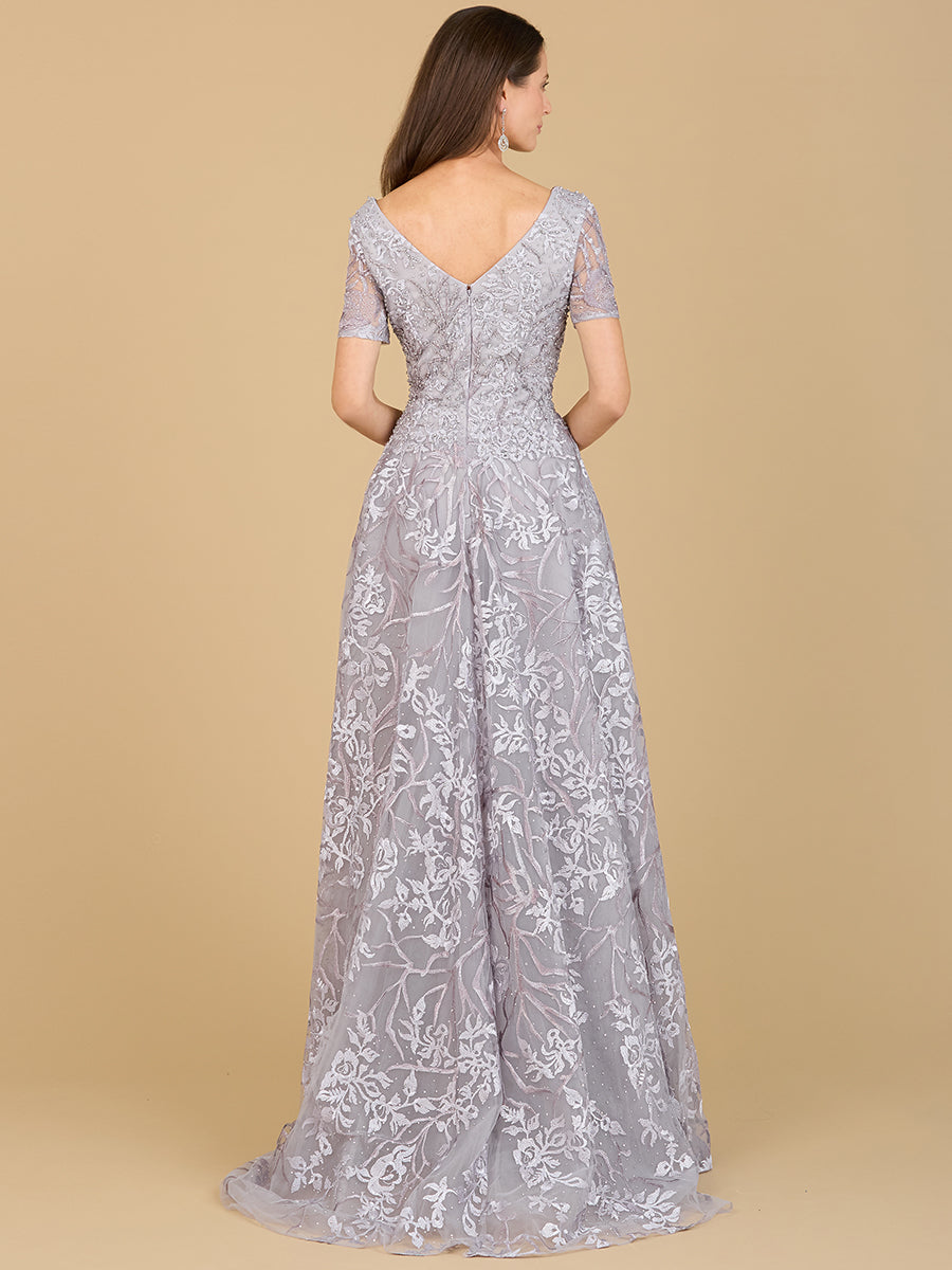 Short Sleeve Lace A-Line Dress with V-Neckline