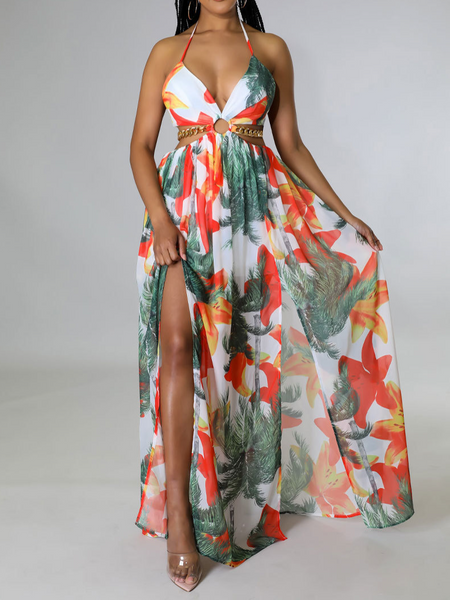 Printed Backless Side Slit Halter Dress