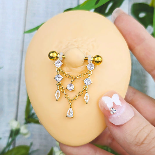 14G 9/16 Clear Gem Gold Tone Double Chain Dangle Nipple Ring Set